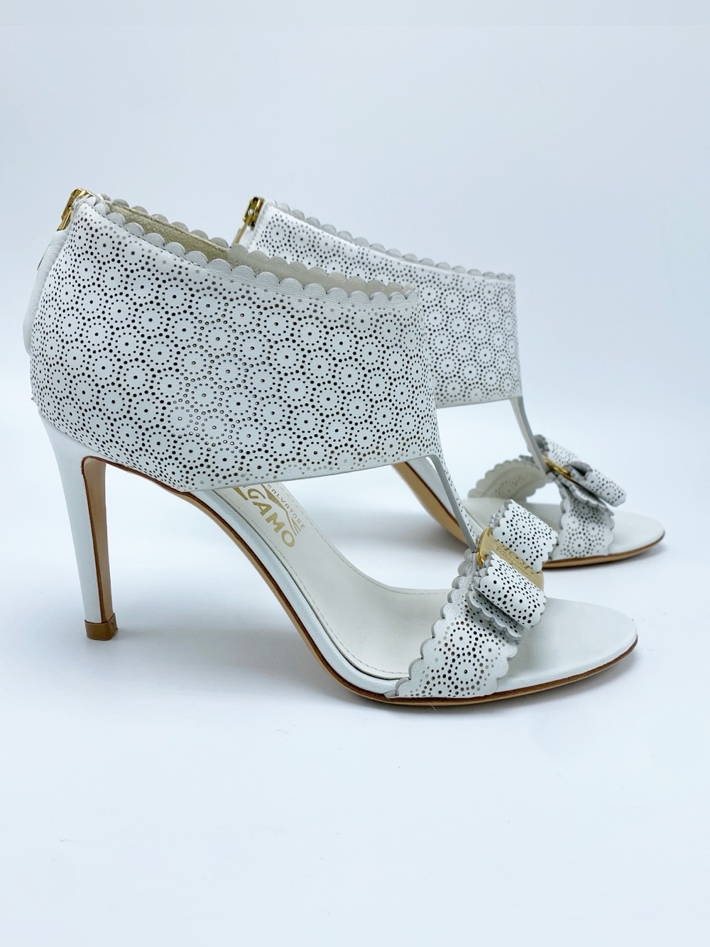 Salvatore Ferragamo 6.5 White Perforated Scallop T-Strap Heels with Bow